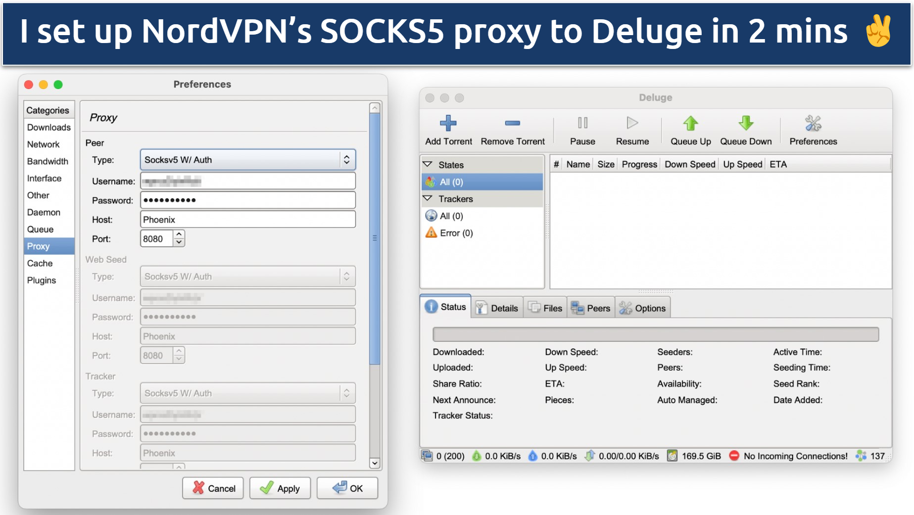 Screenshot showing how to configure NordVPN's SOCKS5 proxy to Deluge