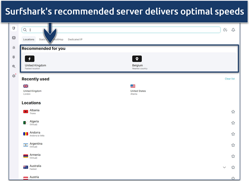 Screenshot of Surfshark’s server list