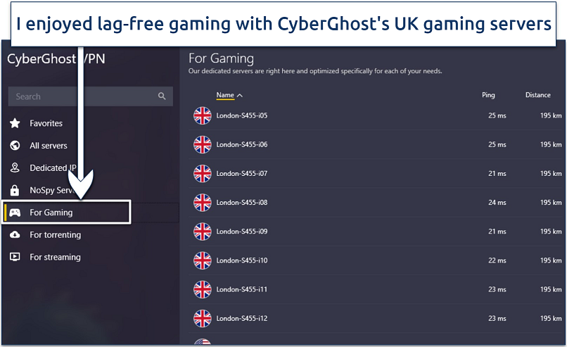 Screenshot showing a list of CyberGhost’s gaming-optimized servers