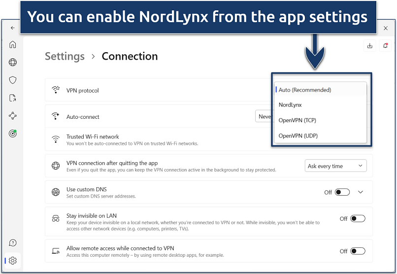 Screenshot showing how to enable NordVPN’s NordLynx protocol