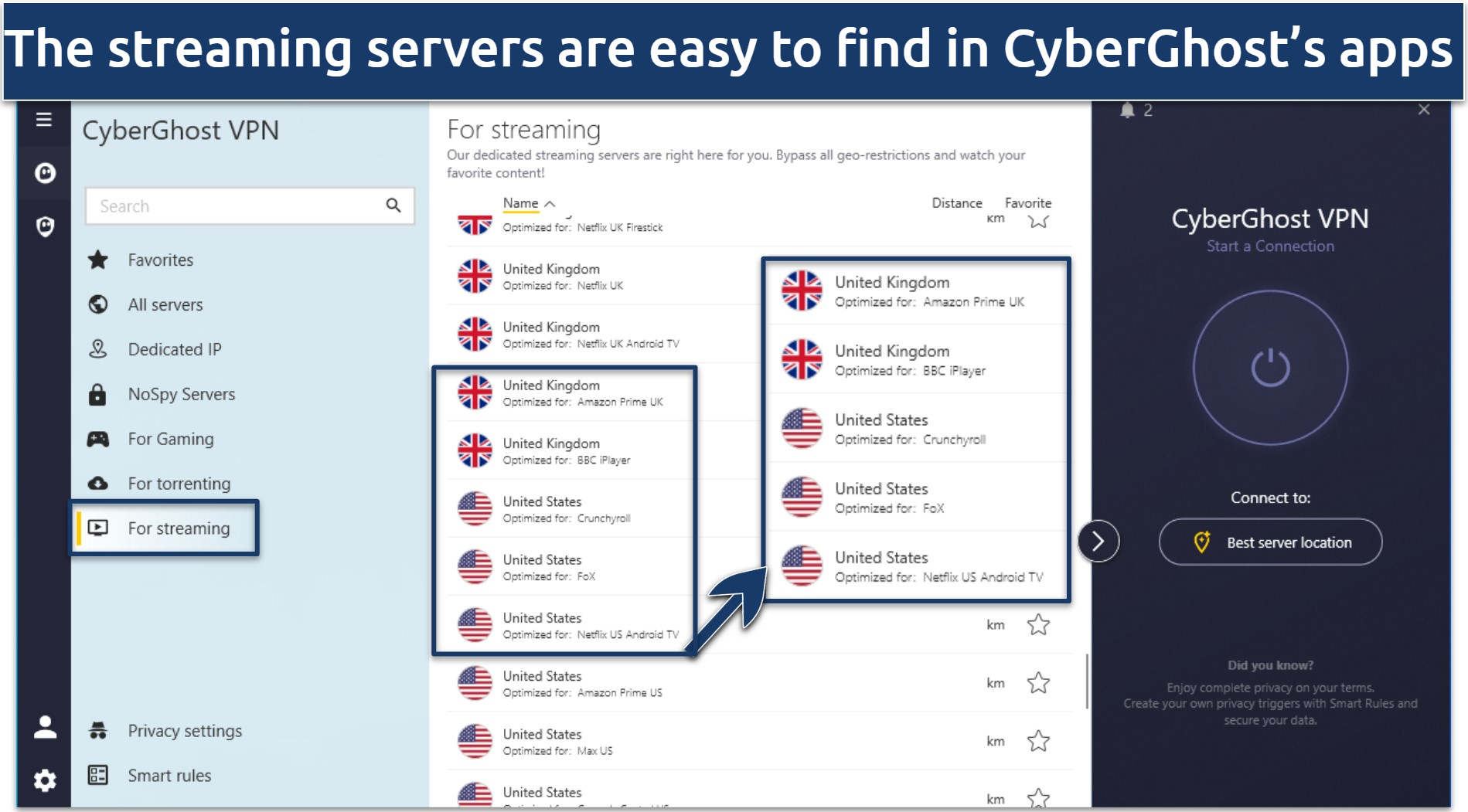 Screenshot of CyberGhost's Windows app showing dedicated streaming servers
