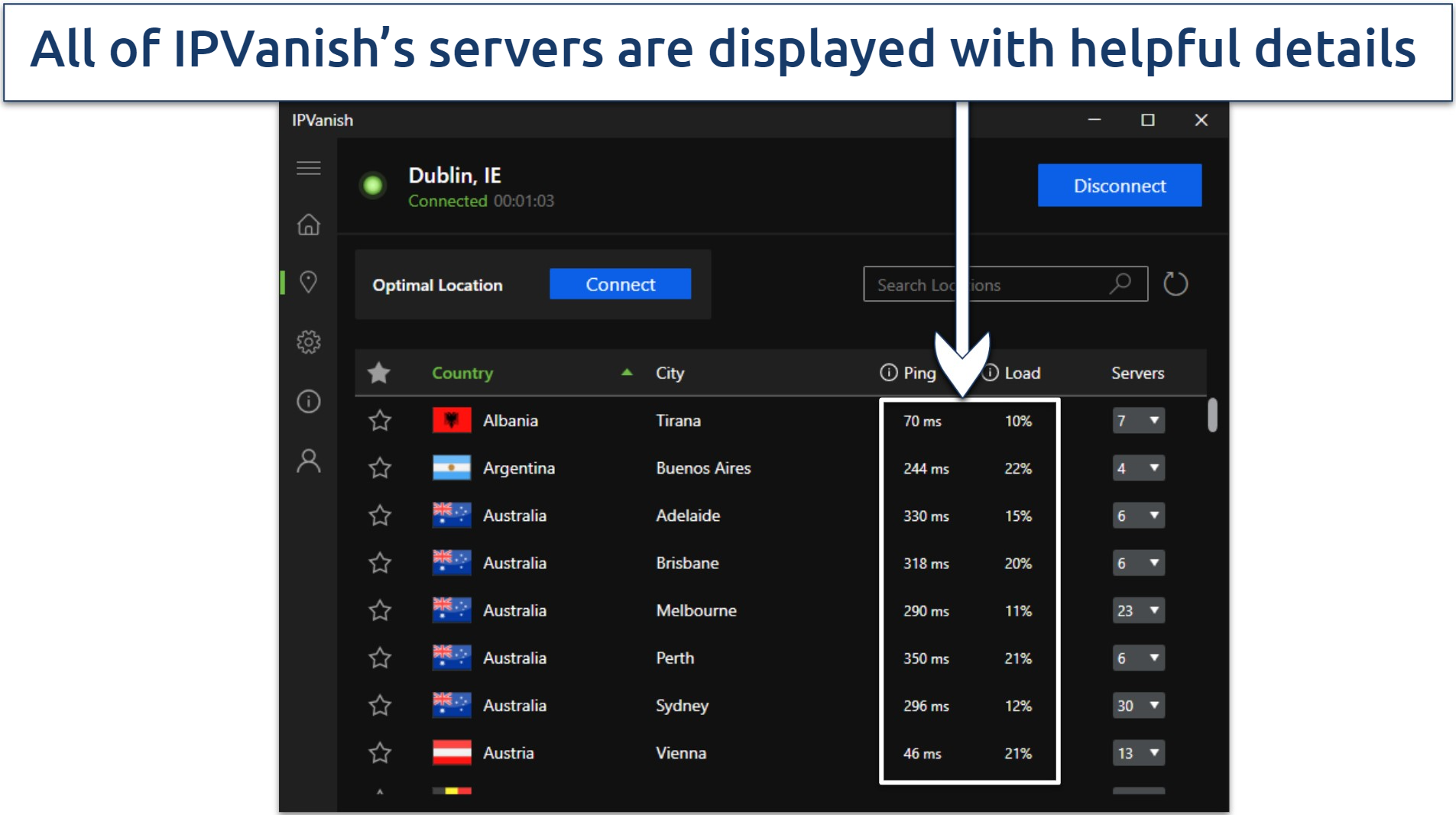 Screenshot of IPVanish's Windows app highlighting he server list
