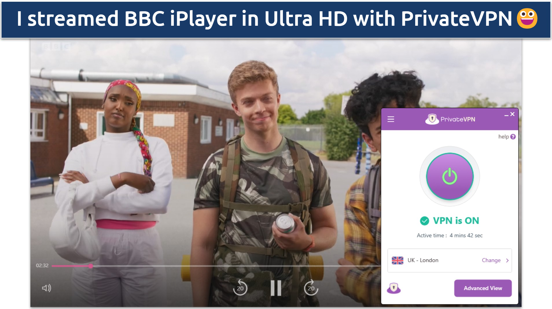 Screenshot of PrivateVPN streaming BBC iPlayer with UK London server