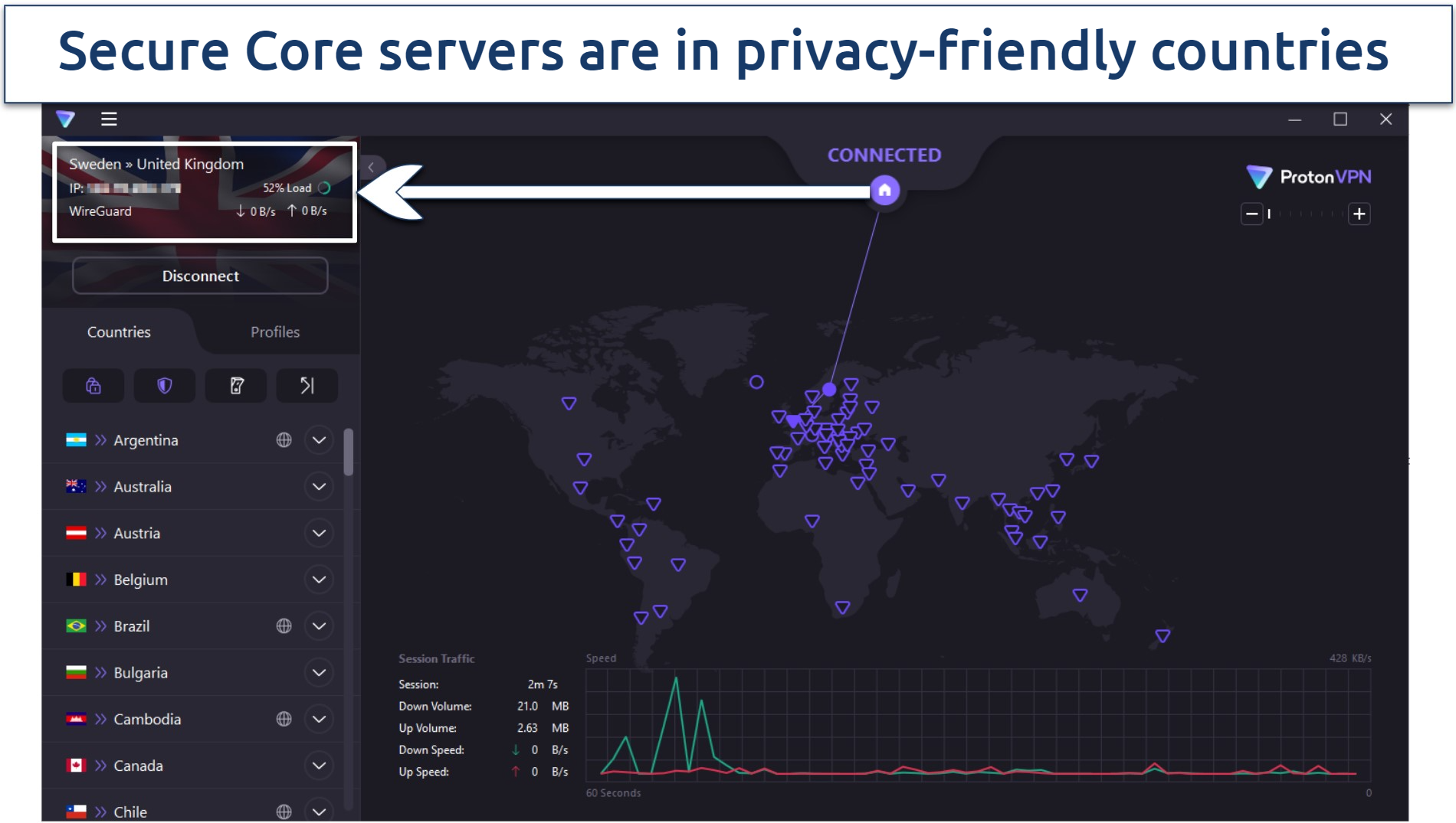 Screenshot of ProtonVPN Windows app showing Secure Core VPN connection