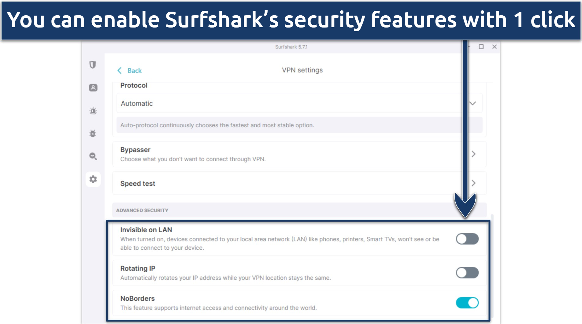 Screenshot of Surfshark's Windows app highlighting advanced security features
