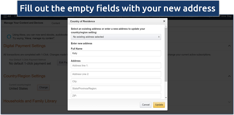 Screenshot showing Amazon’s address change modal window