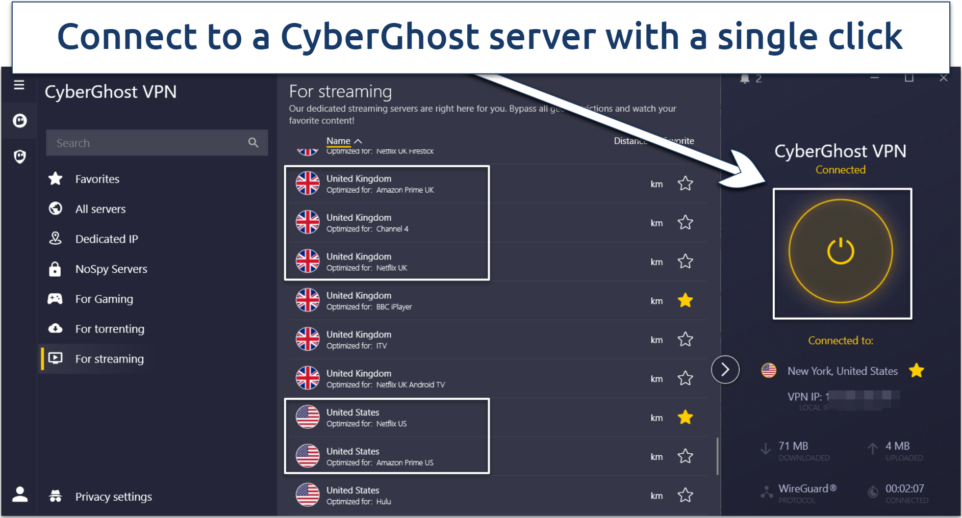 Screenshot of CyberGhost interface with streaming servers