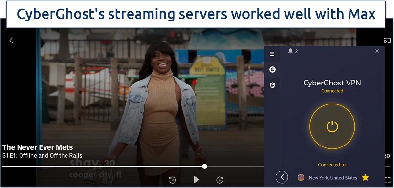 Screenshot of CyberGhost connected to a server in New York while streaming Max