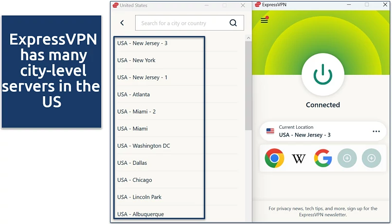 Screenshot of ExpressVPN's city-level servers in the US