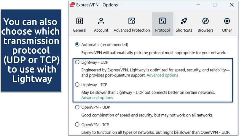 Screenshot of ExpressVPN's Windows settings showing protocol options