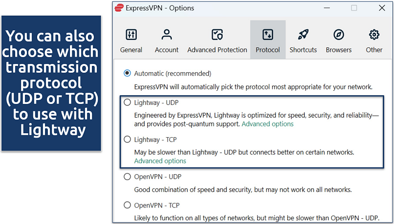Screenshot of ExpressVPN's Windows settings showing protocol options