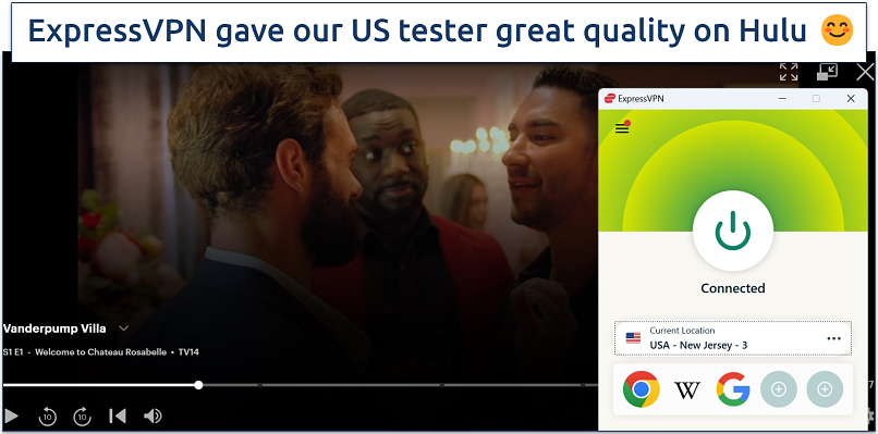 Screenshot of Hulu player streaming Vanderpump while connected to a server in the US