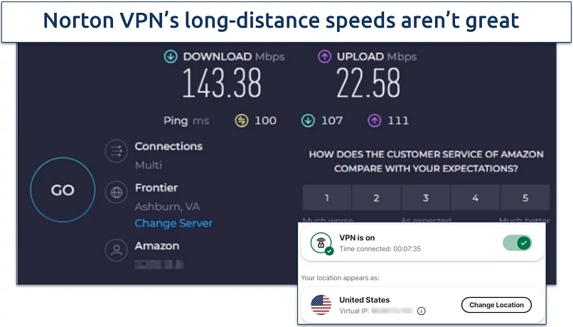 Screenshot of Ookla speed tests conducted with a Norton Secure VPN server in the US