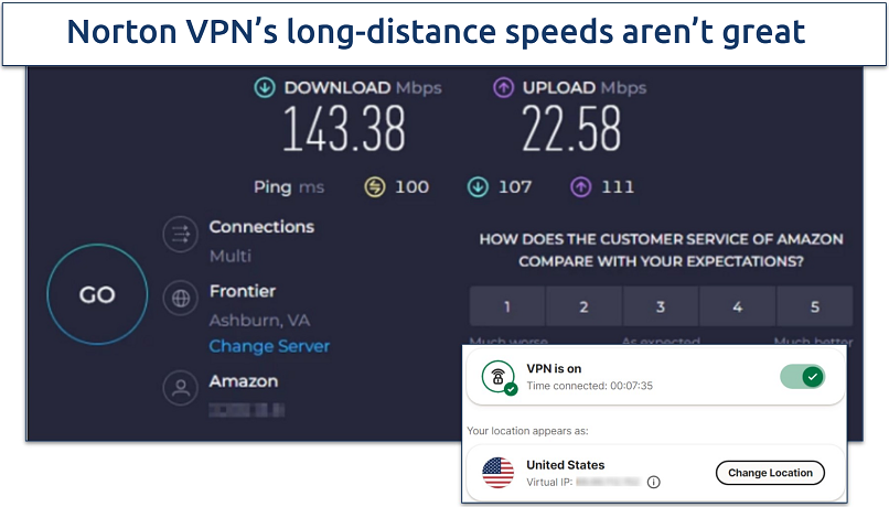 Screenshot of Ookla speed tests conducted with a Norton Secure VPN server in the US
