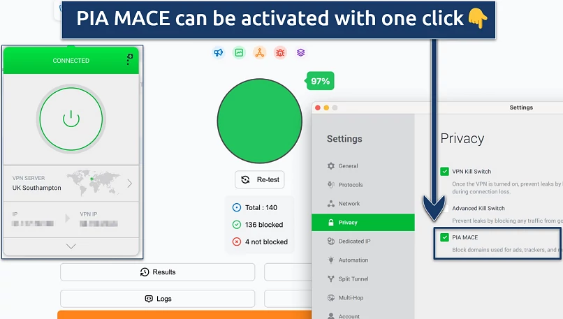 Screenshot showing the PIA app over an online ad blocking test tool