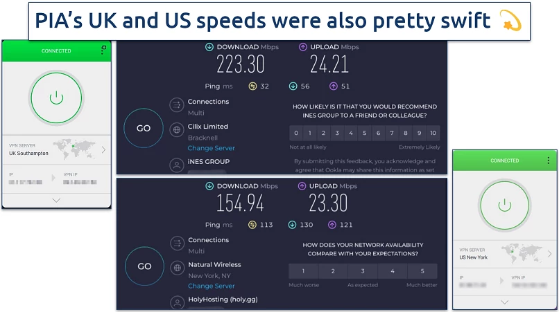 Screenshot showing the PIA app over speed tests from London and New York