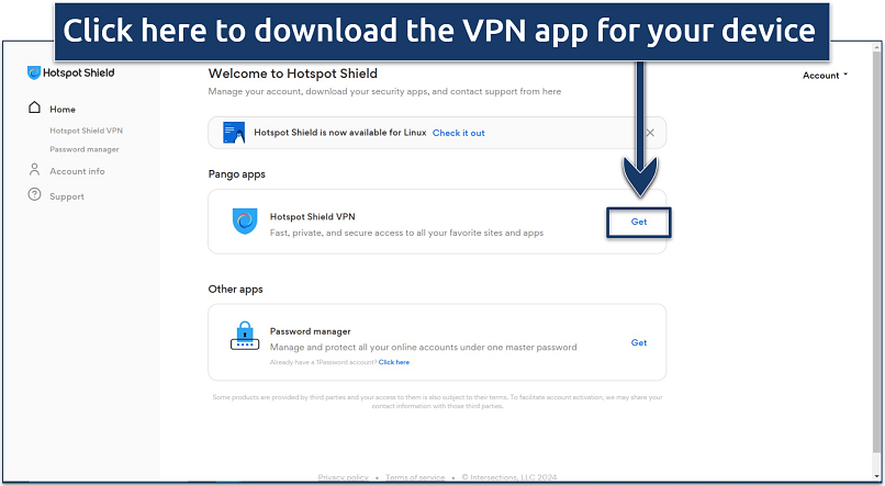Screenshot showing Hotspot Shield account dashboard