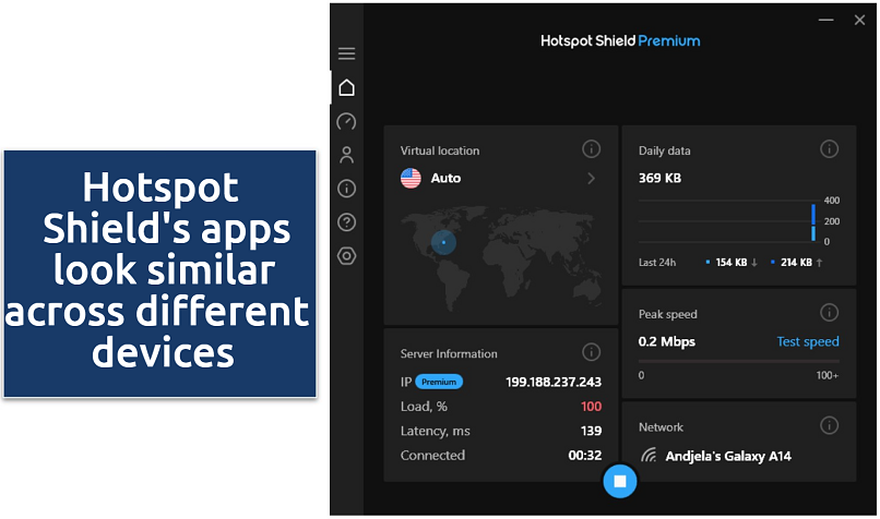 Screenshot of Hotspot Shield Windows app