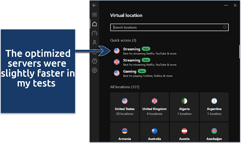 Screenshot of Hotspot Shield's Windows interface showing its streaming and gaming-optimized servers
