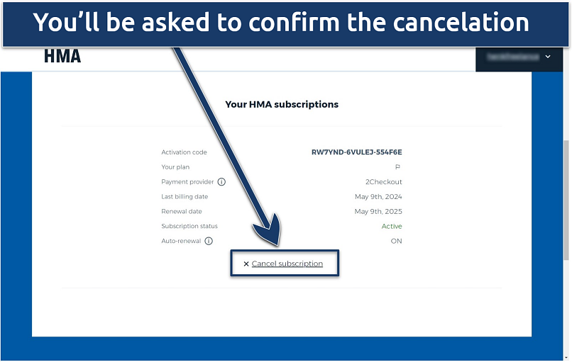 A screenshot of the HMA account dashboard with the your HMA subscriptions section.