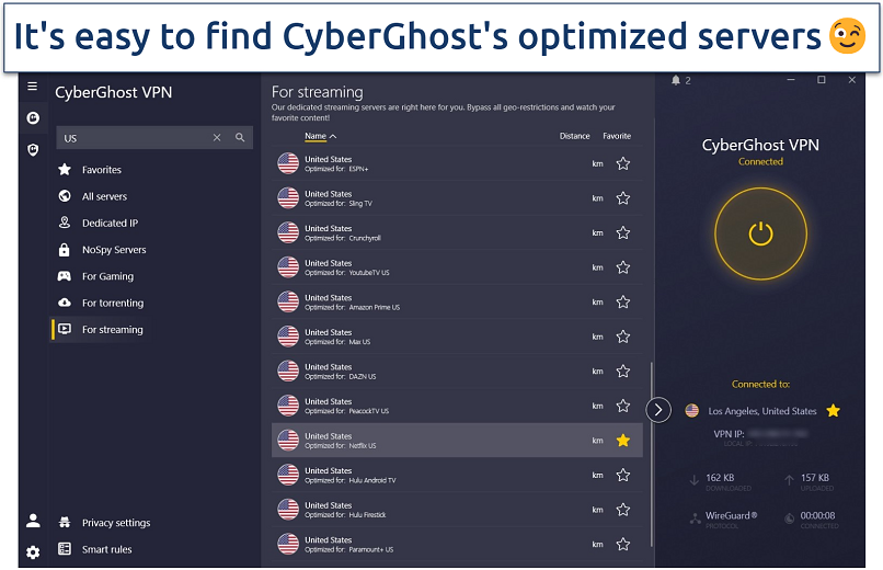 Screenshot of CyberGhost’s app interface with its US streaming-optimized servers on display.