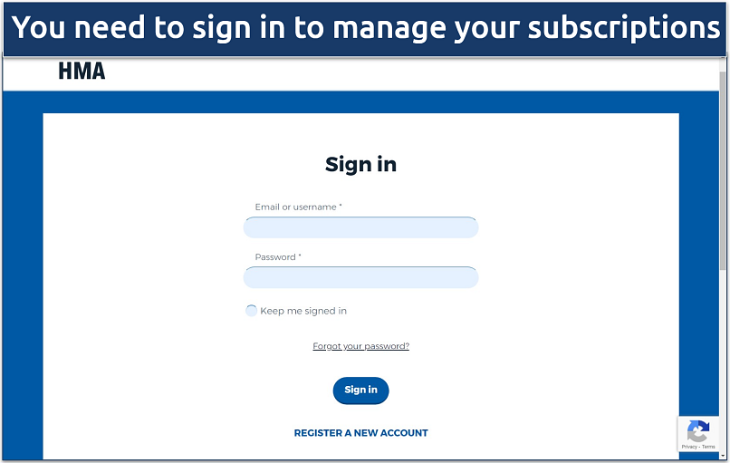 A screenshot of the HMA website log in page.