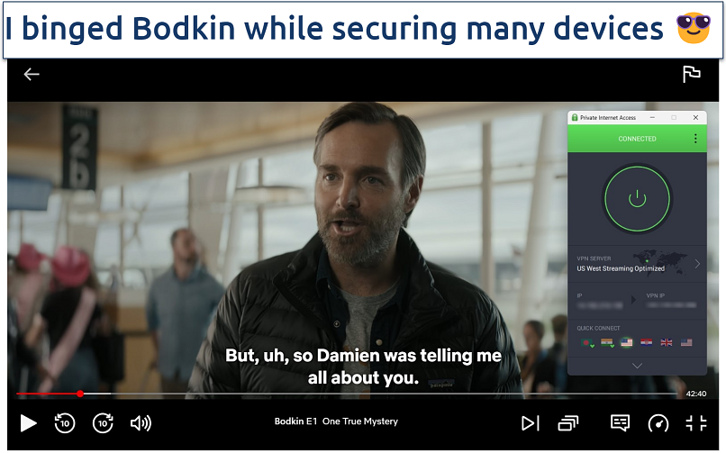 Screenshot of being connected to PIA while streaming Reacher on Amazon Prime Video.