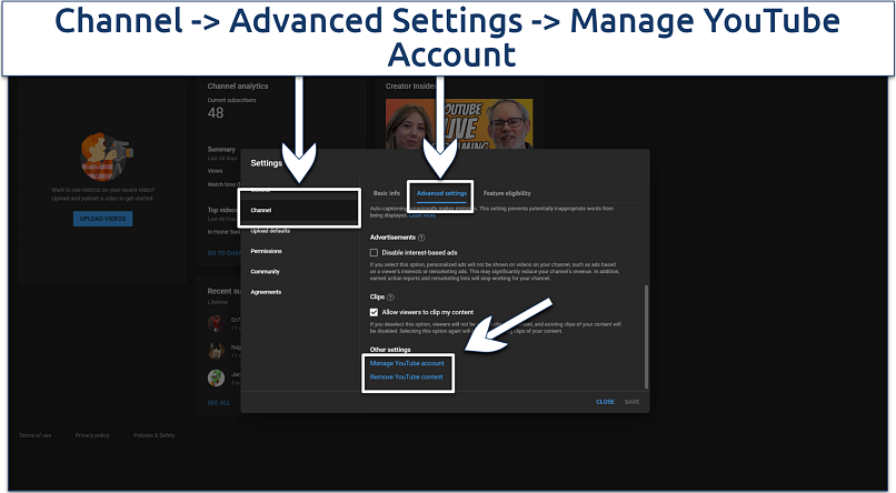 Screenshot of YouTube’s advanced settings