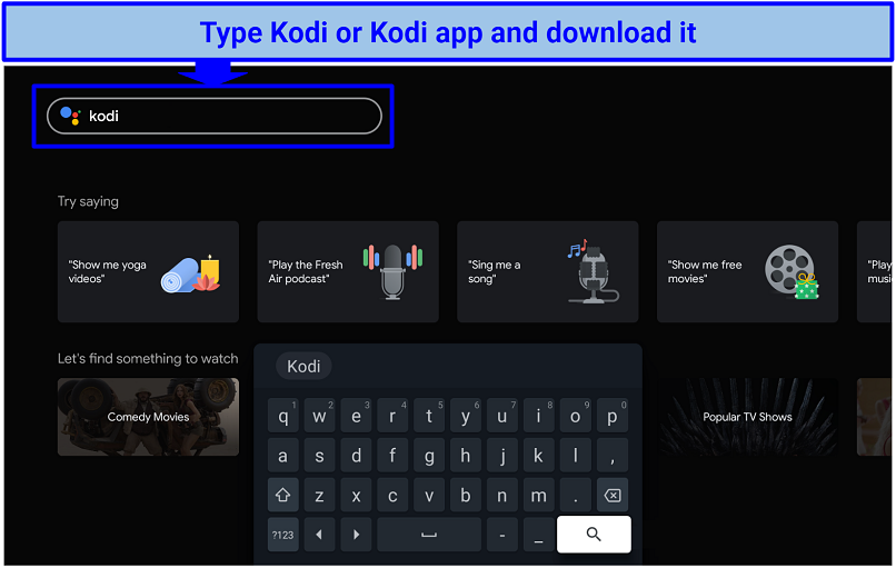Screenshot of the search box and keyboard on Android TV