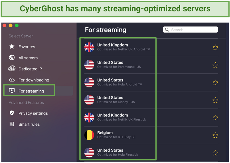 A screenshot of CyberGhost's streaming-optimized servers
