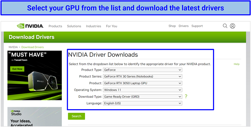 Screenshot of NVIDIA's drivers page