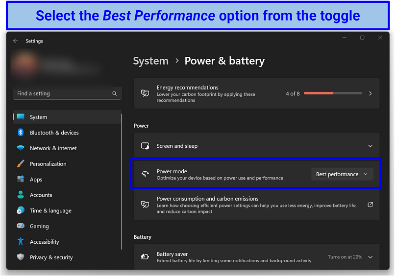 Screenshot of Windows Power & Battery Settings