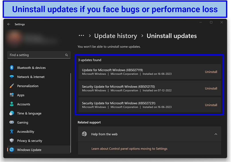 Screenshot of Windows Update History