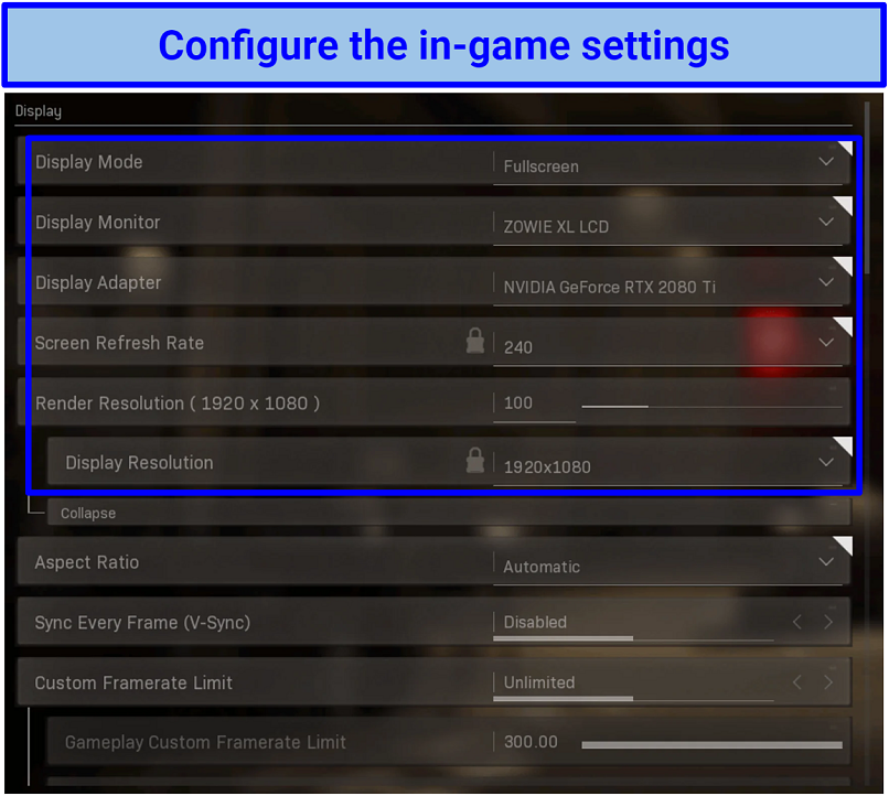 Screenshot of the Warzone settings