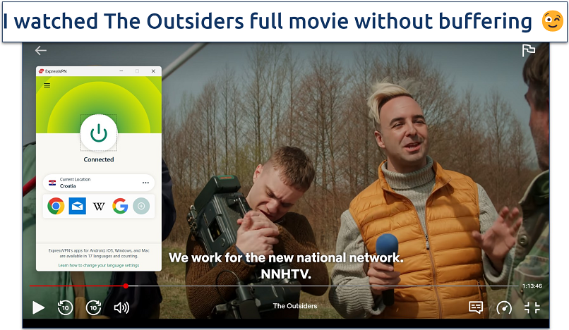 A screenshot taken while streaming The Outsiders on Netflix Croatia in high quality while connected to ExpressVPN’s Croatia server.