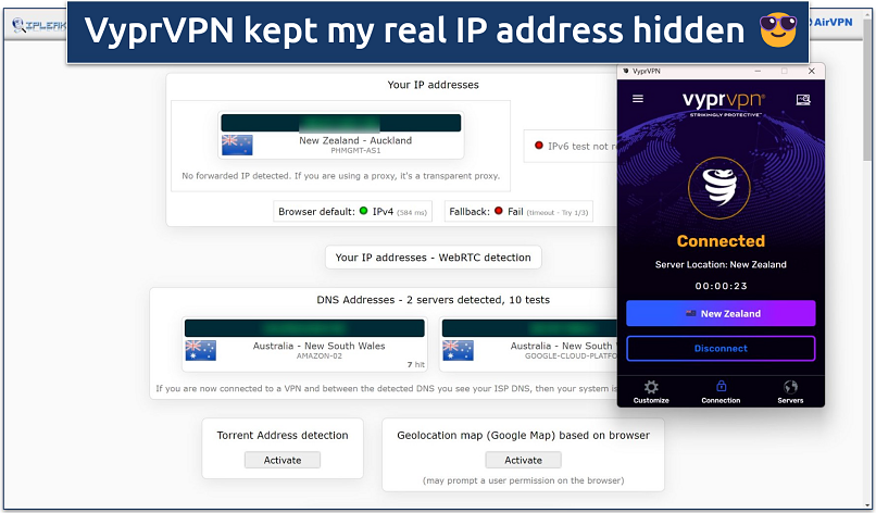 Screenshot of a leak test done on ipleak.net while connected to VyprVPN’s New Zealand server