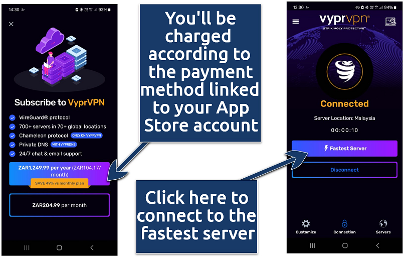 Screenshots of the Android VPN app with the pricing options to the left and the server connection dashboard to the right.