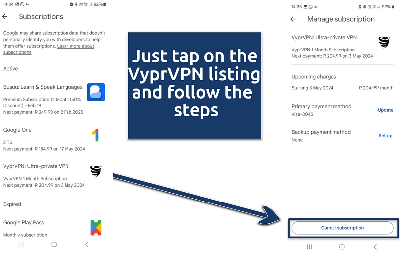 Screenshots of the Google Play Store Subscriptions page to the left and the VyprVPN Manage subscription page to the right.