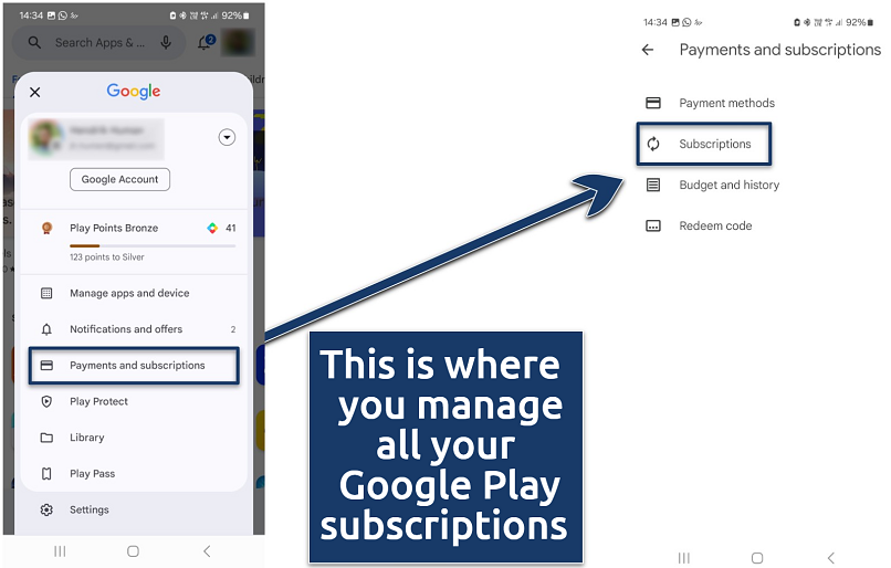 Screenshots of the account options list in the Google Play Store mobile app and the