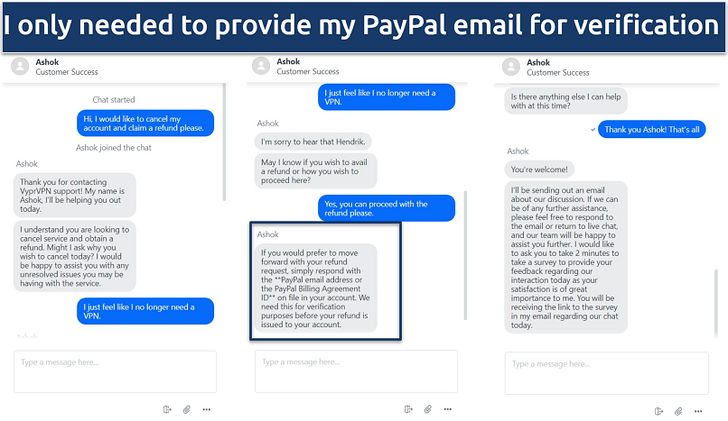 Screenshots of the VyprVPN live chat support interaction requesting for a refund