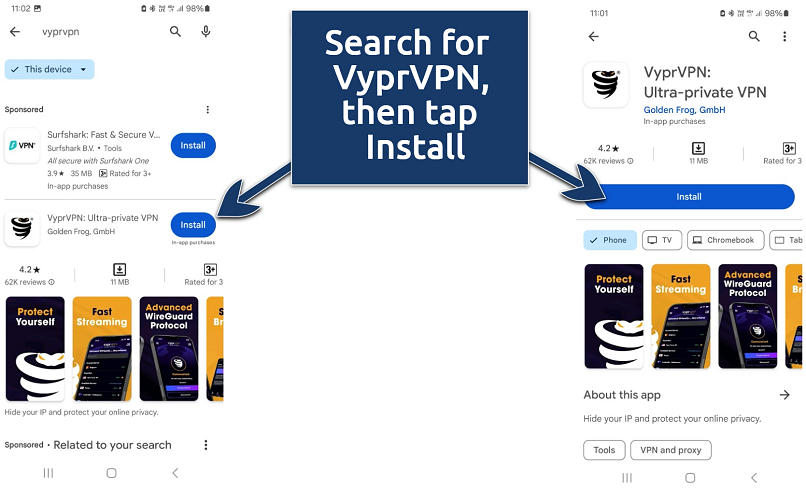 Screenshots of the Google Play Store with the VyprVPN app listing.