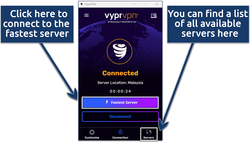 A screenshot of the VyprVPN windows app while it’s connected to a server