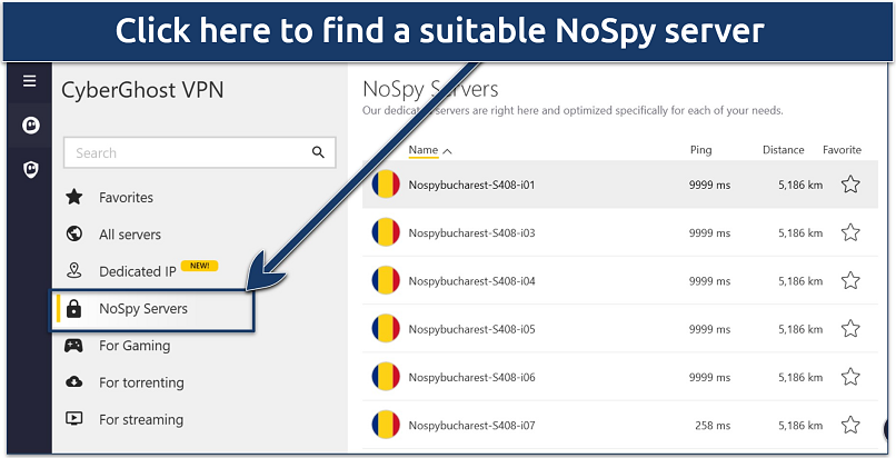 An image showing CyberGhost’s NoSpy servers