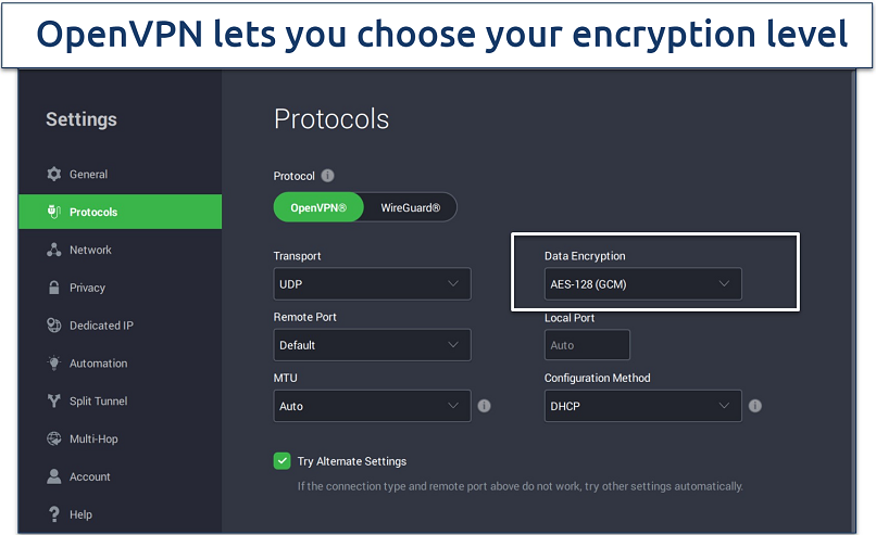 A snapshot of PIA’s customizable security features on the Windows app