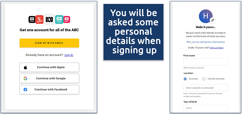Screenshots of the ABC iView login pages with the account sign up options on the left and account personalization page on the right