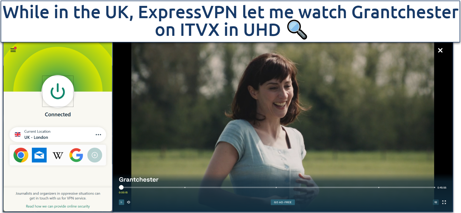 A screenshot of Grantchester streaming on ITVX with ExpressVPN connected