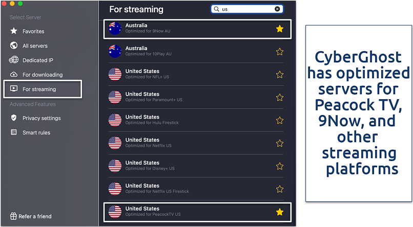 Screenshot of CyberGhost’s streaming-optimized servers