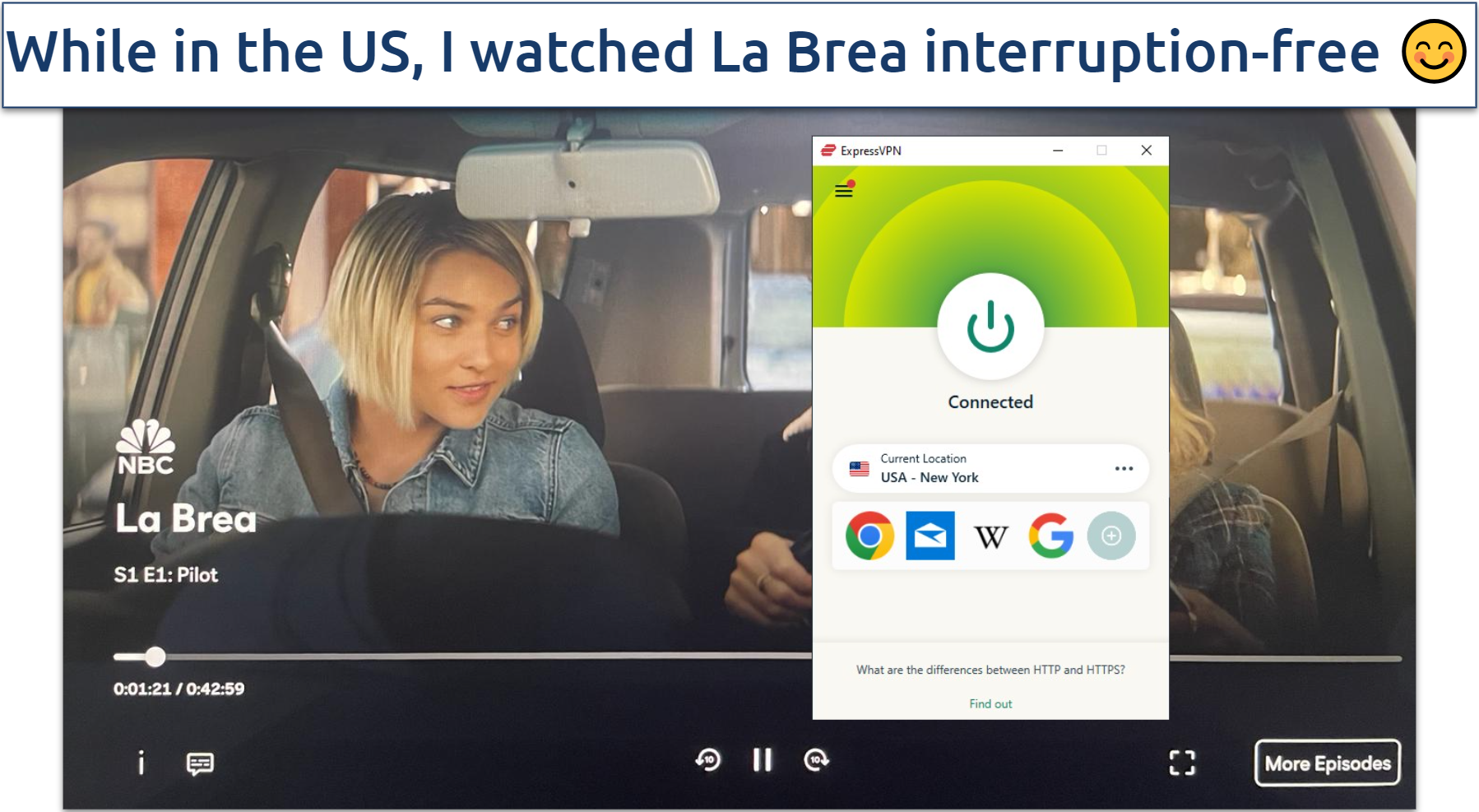 Screenshot of La Brea streaming on Peacock TV with ExpressVPN connected