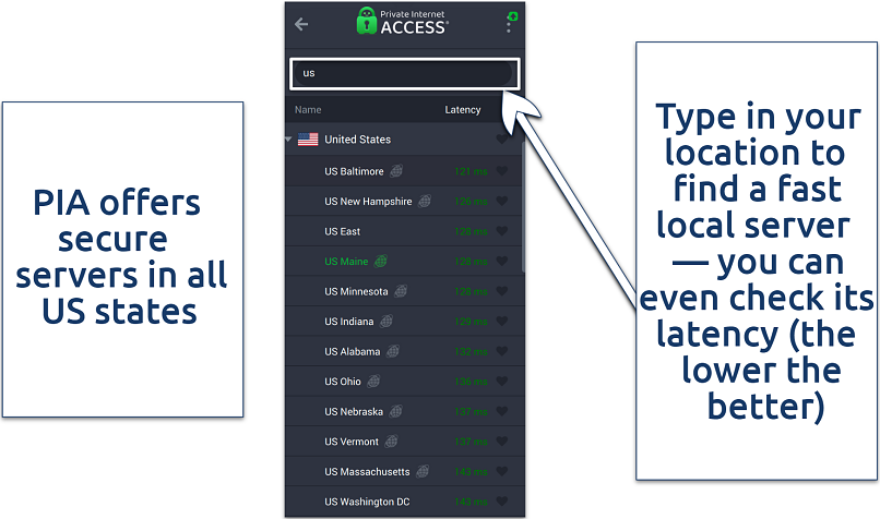 A screenshot of PIA’s US server list