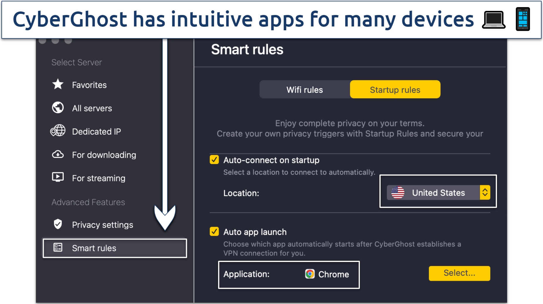 Screenshot of CyberGhost's smart rules